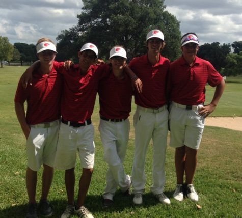 Golf team members, Mills Meier, Tyler Kaman, Mason Parcus, Langston James and Denver Schneider, smile as they finish up their two day 54 hole golf tournament.