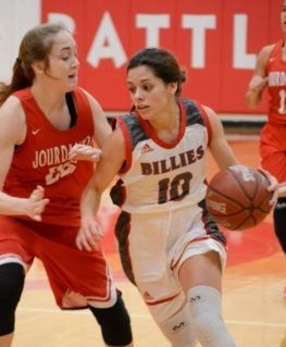 Mia Torres drives past Jourdanton defender in 54-36 win at home. Shot by Richelle Wilson.