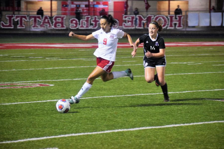 Ximena Saldana Dribbles the ball up the back field looking for a pass against St Marys Hall. 