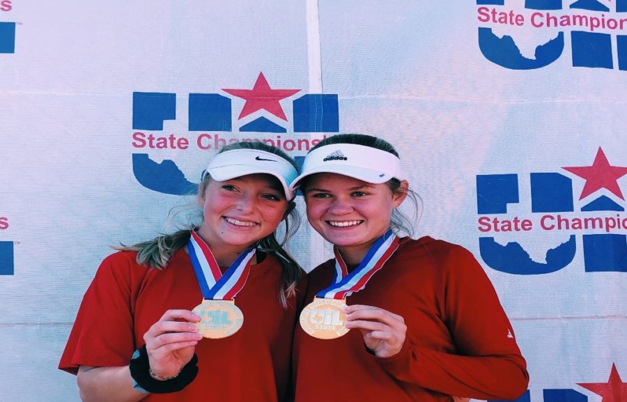 Olivia Alvarez (left) holds up her gold medal with doubles partner Claire Maxcey. (right)