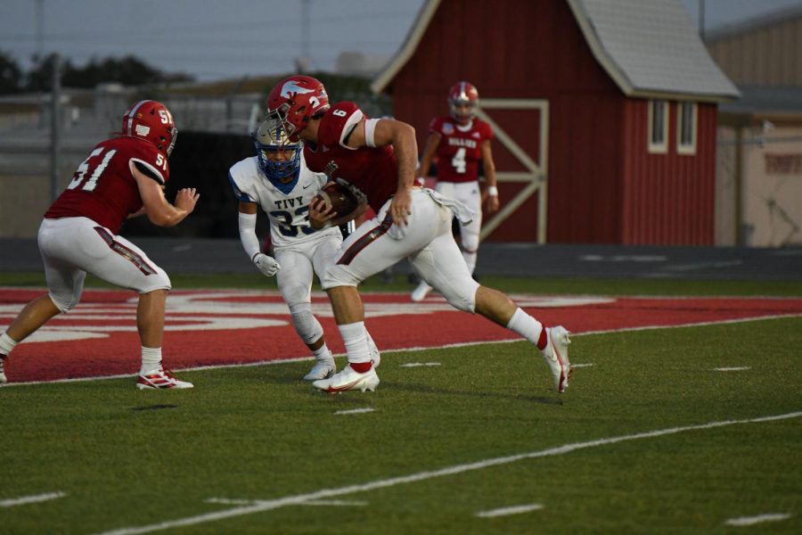 Senior John Fritsch plows into the endzone as fellow senior Sam Barron provides a crucial block. Other touchdown scores came from Kade Jenschke, Cole Immel, and Jesse Leija to earn the win against Tivy 44-27. 